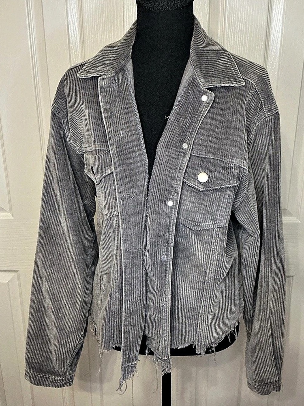 POL Corduroy Jacket Raw Hem in Gray Medium